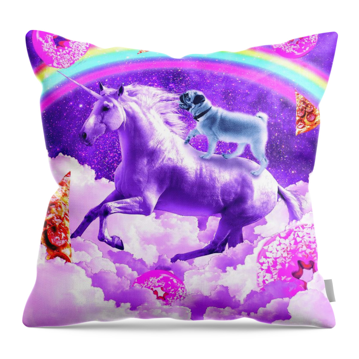 18x18 Random Galaxy Rainbow Space Pug Riding On Flying Unicorn With Taco Throw Pillow Multicolor 